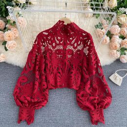 Women's Blouses Shirts Sexy Lace Hollow Out Short Blouse Casual Lantern Long Sleeve Stand Collar Shirts Female Elegant RedPinkWhite Loose Tops 230918