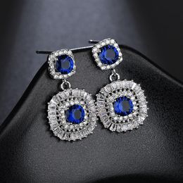 New Square Shaped Dangling Luxurious Earrings with Green Royal Blue CZ Stone For Bridal Wedding Party Jewellery Accessories Bij2573
