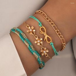 Link Bracelets 3pcs/sets Bohemian Pear Stone Flower For Women Men Handmade Weave Rope Bowknot Bangle Jewellery Wholesale 15469