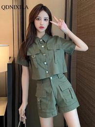 Women's Tracksuits 2023 Summer Cargo Women Short Sets Korean Style Fashion Elegant In Matching Casual 2 Piece Set's Suit Outfit 230915