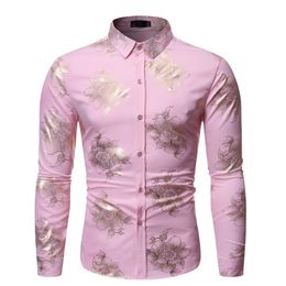 Fashion Pink Floral Foil Print Shirt Men 2019 Brand Slim Long Sleeve Mens Dress Shirts DJ Club Party Stage Prom Chemise Homme332r