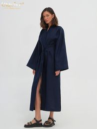 Urban Sexy Dresses Clacive Fashion Loose Blue Linen Dress Ladies Elegant V Neck Long Sleeve Midi Casual Lace Up Slit For Women 2023 230918