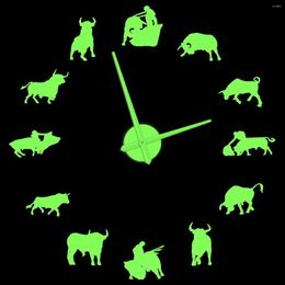 Wall Clocks Spanish Bullfighter And Bull Modern Design Illuminated Clock Rider 3D Acrylic DIY Stickers Watch Glow In Dark