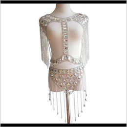 High Quality Glittering Very Beautiful Colorful Acrylic Crystal Tassel Fashion Sexy Bra Skirt Set Waist Body Chain Jewelry Gold Hq249M