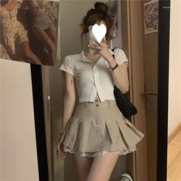 Skirts Mini Skirt Women Summer Short Lace Trim Female Preppy Style Khaki High Waist Girl School Uniform Miniskirt