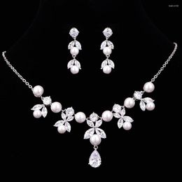 Necklace Earrings Set Arrival Flower Pearl Drop Cubic Zirconia Bridesmaid Wedding Accessories CZE-6206