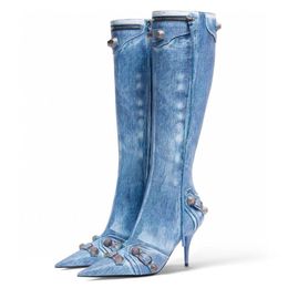 Cagole 90mm Boot Denim Blue women's knee length boots, studded buckle decoration, side zippered pointed thin high heels, high boots Fashion Boots luxury designer shoes