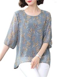 Women's Blouses 5XL Loose Women Spring Summer Shirts Lady Fashion Casual Half Sleeve O-Neck Grey Printing Blusas Tops WY0514