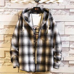 Plaid Style Autumn Spring 2021 With Hoodie Mens Hip Hop Punk Shirt Flannel Casual Fashion Clothes Men's Shirts299Z