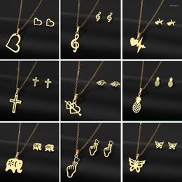 Necklace Earrings Set 3pcs Butterfly Star Moon Love Pendant Stainless Steel Charms Choker Women/Girls Jewelry Gifts
