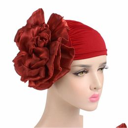 Caps Hats Women Big Flower Turban Muslim Turbante Elastic Head Wraps Chemo Hair Loss Slee Cap Ladies Beanie Girls Hat 9 Colors Dro Dhko2