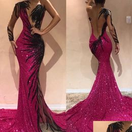 Abiti da sera Splendida sirena fucsia aperta sul retro con paillettes One Shoder Abiti spettacolo arabo Celebrity Prom Dress Drop Delivery Party E Dhctx