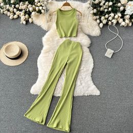 Women's Two Piece Pants Women Casual Solid Set Fashion Bodycon Slim Short Tank Striped Wide Legs Long Summer Suit