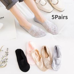 Women Socks 5 Pairs/set Lace Floral Anklet Lady Home Floor Slipper Boat Female Basic Invisible Anti Slip Summer Sexy