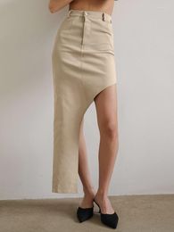 Skirts Elegant Khaki High Waist Long Women Sexy Zipper Asymmetrical Skirt Female Street Chic Slim Ankle-Length 2023