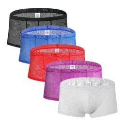 Underpants 5PS Sexy Mens Boxers Shorts Mesh Man Sex Underwear Lingerie Trunk Transparent See Through Floral Lace Dropship2173