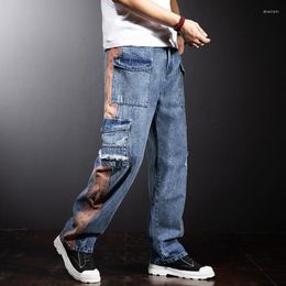 Men's Jeans Multi Pocket Loose Cargo For Mens Straight Wide Leg Denim Pant Patchwork Baggy Men