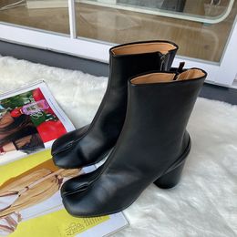 Boots 2023 Luxury Brand Designer Split Toe Ankle New Fashion Chunky Round High Heels Women Winter Tabi Shoes Short 230922