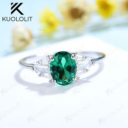 Solitaire Ring Kuololit Solid 925 Sterling Silver Jewellery Created Emerald Gemstone Rings for Women Luxury Wedding Engagement Party 230918