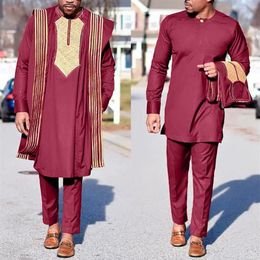 Ethnic Clothing H&D African Agbada Suit For Men Embroidered Robes Dashiki Cover Shirt Pants 3 PCS Set Boubou Africain Homme Musulm262N