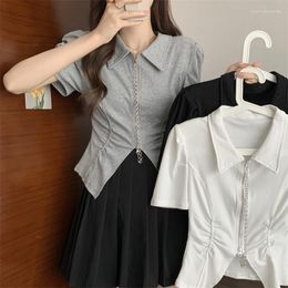 Women's T Shirts Women Tops Summer Short Sleeve POLO Collar Irregular Fit Zipper T-shirt