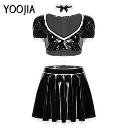 Bras Sets Womens Adult Maid Cosplay Costume Patent Leather WetLook V-Neck Puff Sleeve Top Ruffled High Rise A-Line Short Skirt Set2842