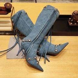 Balanciga Blue Cagole 90mm Boot Denim Womens Knee Length Boots Studded Buckle Decoration Side Zippered Pointed Thin High Heels High Boots Fashion Boots Luxury Desig