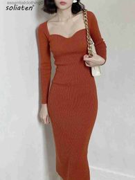 Basic Casual Dresses Square Neck Ribbed Thicken Warm Knitted Dresses Women Long Sleeve High Stretch Basic Bodycon Dress Streetwear C-121 L230918