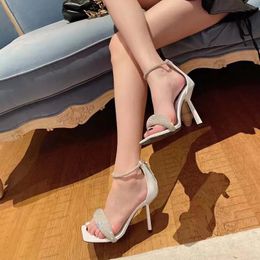 Luxury Designer high-heeled sandals latest fashion celebrity Feng Shui diamond square head 9.5cm gorgeous banquet women's shoes slide versatile one-sided