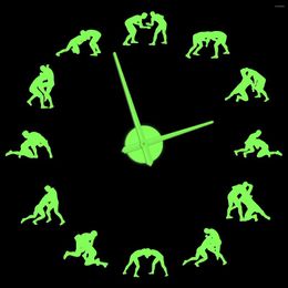 Wall Clocks Wrestling Modern Design Luminous Clock For Man Cave Wrestler Bedroom Self Adhesive DIY Stickers Large Watch Glow In Dark