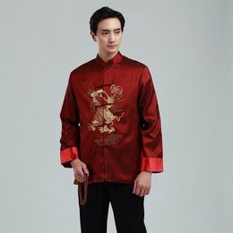 Middle-aged And Elderly Tang Suit Jacket Men Long-sleeved Shirt Chinese Traditional Cheongsam Tops Retro Embroidered Dragon Ethnic268Q