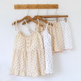 Women's Sleepwear 2023 Japanese Summer Pajama Set Cotton Crepe Cloth Ladies Suspender Shorts Two Piece Home Furnishing