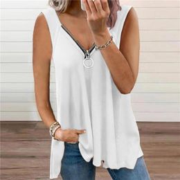 Women's T Shirts Casual Loose Summer V-Neck Low-Cut Zipper Contrast Colour Sleeveless Tank Tops T-Shirt Vest Women Clothing 2023 Streetwear