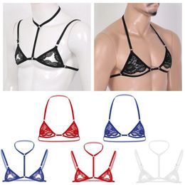 Mens Erotic Sissy Lace Lingerie Halter Neck Nipple Adjustable Spaghetti Straps Wire- Unlined Mini Bra Tops For man265g