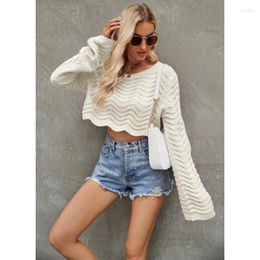 Women's Tanks Stylish Summer Knit Shirts For Women Solid Colour Long Sleeve Crop Tops Delicate Waved Pattern