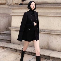 Women's Wool Blends Winter 2020 new black cape coat can be used with loose stand collar medium long woolen coat for womenL230918