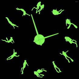 Wall Clocks Divers Glow In Dark Clock Freedivers Bedroom Decor Diving Water Sport Luminous Frameless DIY Sticker Oversized Silent Watch