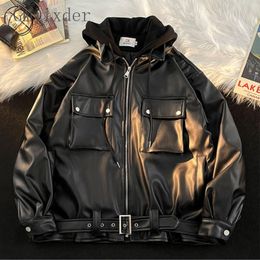 Men s Leather Faux Gmiixder American Retro PU Hooded Jacket for Spring Autumn Multi Pocket Top Fake Two piece Workwear Coat 230918