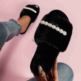 Slippers Ladies Winter Plush Pearl Decoration Winter Women'S Shoes Indoor House Cotton Slippers Open Toe Flat Bottom Cotton Slippers x0916