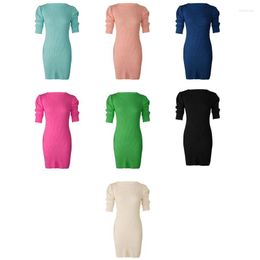 Casual Dresses Women Summer Puff Half Sleeve Crew Neck Ribbed Knitted Bodycon Midi Dress Simple Solid Colour Empire Waist Pencil N7YD