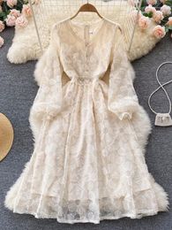 Casual Dresses Women Vintage Dress Spring 2023 Retro Style Puff Sleeve Party Female Lace Up Fairy Lady High Waist Robe