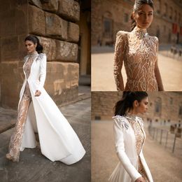 2020 Julie Vino Boho Wedding Jumpsuit With Long Jacket High Collar Lace Beads Beach Wedding Dress A Line Sweep Train Vestidos de N2716