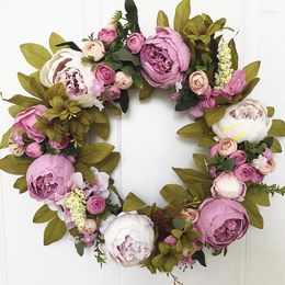 Decorative Flowers Flower Garland Artificial Wreaths Silk Rose Peony Round Rattan Simulation For Wedding Party Decor