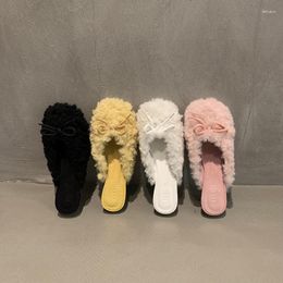Slippers Furry Women Mules Outside Autumn Winter 2023 Female Bowtie Wool Plush Ladies Fashion Shoes Strange Heels Pumps Chic