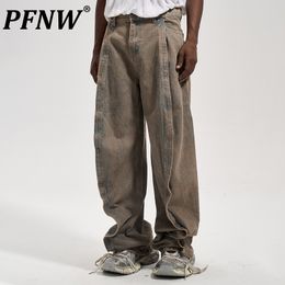 Men's Jeans PFNW Autumn High Street Stylish Double Layer Fold Stick Twist Fashion Retro Casual Loose Denim Pants 12Z4047 230918