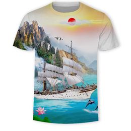 Customised Tees & Polos 874 Cross border European and American Foreign Trade Men's T-shirts Summer Landscape 3D Digital Printing Round Neck Short Sleeve Top Wholesale