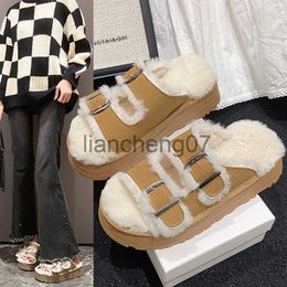 Slippers Outdoor Maomao Shoes That Occupy The Home of New Fund of 2023 New Autumn Winters Lamb Fur Buckles A Leather Slippers x0916
