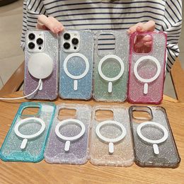 Magnetic Wireless Charging Cases For Iphone 15 Plus 14 13 Pro Max 12 11 Fashion Bling Gradient Glitter Sparkle Hard Acrylic PC TPU Shockproof Magnet Phone Back Cover