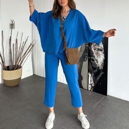 Women's Sleepwear Fashion Loose Loungewear Women V-neck Fitting Bat Shirt Drawstring Pants Two-piece Set Pyjamas For Casual Homewear
