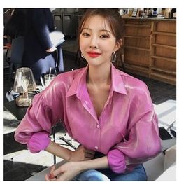 Women's Blouses Shirts fashion women shinny glossy fabric gradient color turn down collar long sleeve loose shirt blouse one size tops 230918